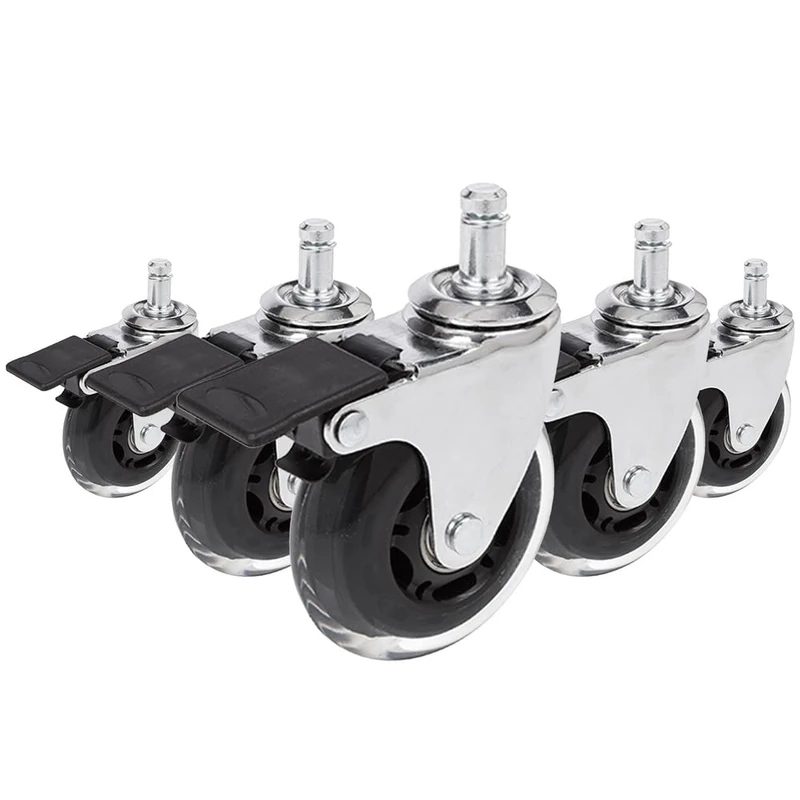 hjh OFFICE 729401 ROLO Skate Office Chair Wheels 11 x 75 mm with Lock Brake, Silver and Clear (Pack of 5) - Image 1