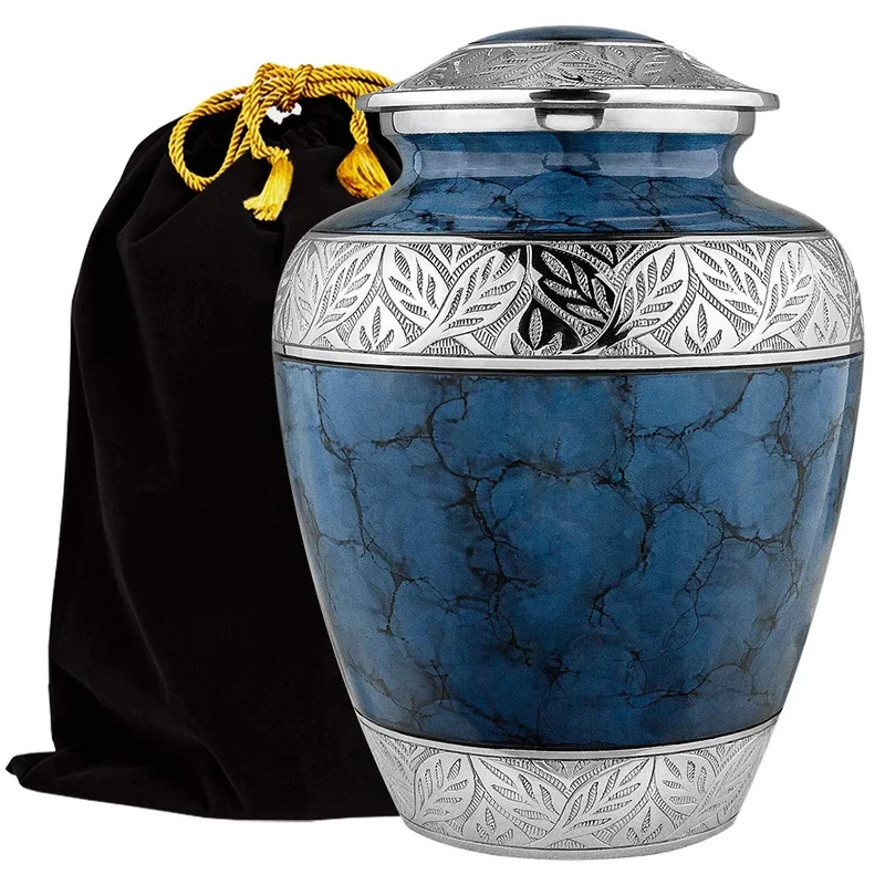 Heavenly Peace Lovely Dark Blue Adult Cremation Urn For Human Ashes - This Beautiful Large Urn is Perfect to Honor Your Loved One - A Warm Comforting Place For Your Cherished Remains - with Velvet Bag
