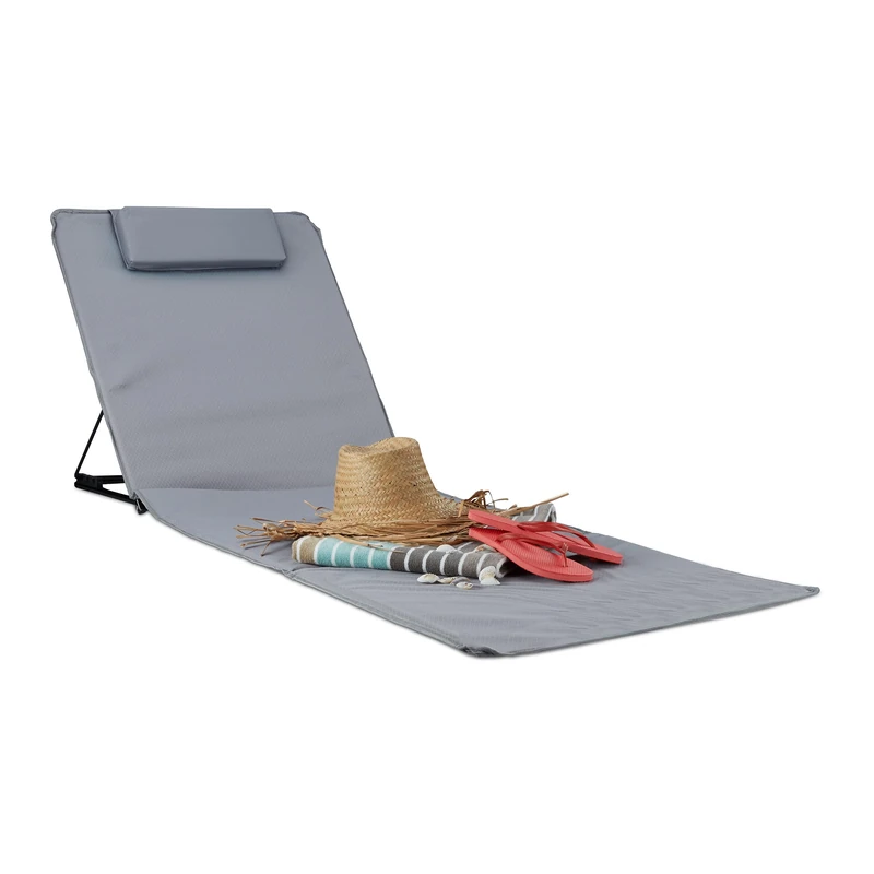 Relaxdays XXL Beach Mat, Padded Sun Lounger with Pillow Folding Recliner with Travel Bag, Grey