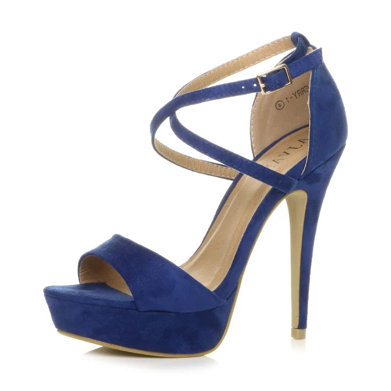 Womens Ladies Platform high Heel Peeptoe Cross Over Strappy Shoes Size, Cobalt Blue Suede, 5 UK - Image 1