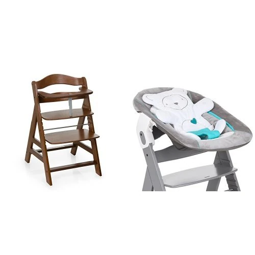 hauck Alpha+ Wooden Highchair - Walnut + Alpha Bouncer 2 in 1 Grey