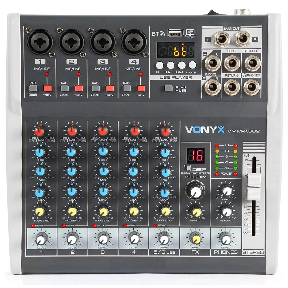 Vonyx 6-Channel DSP Audio Mixer VMM-K602 with USB Interface, Bluetooth, 48V Phantom Power, FX Processor and 4 Mic, Stereo Line Input for Studio, Podcast, DJ, Home & Live PA Sound Systems