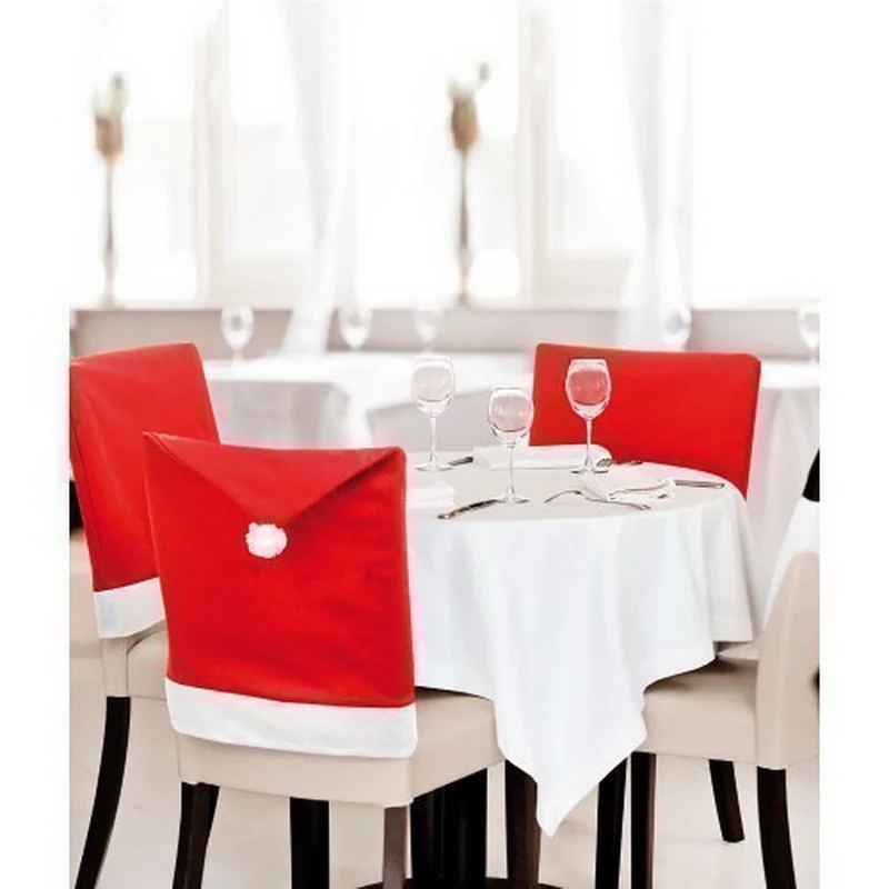100pcs Christmas Theme Red Chair Cover Santa Hat Xmas Pom Party Bar Pub Restaurant Dinner Seat Dining Decoration Cover