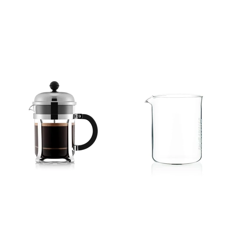BODUM Chambord 4 Cup French Press Coffee Maker, Chrome, 0.5 l & 1504-10 Coffee Press Beaker, Glass - 4 Cup, Transparent