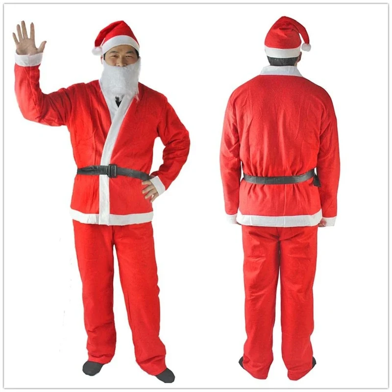 Shatchi 10 x Santa Claus Suit Adult Men Felt Cosplay Costume Outfit Fancy Dress Father Christmas Party Clothes 5Pcs Set Bulk Buy, Unisex, Red/White
