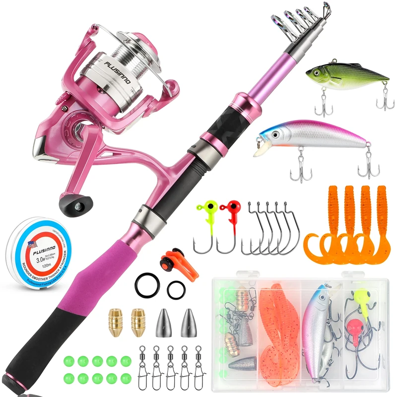 PLUSINNO Ladies Telescopic Fishing Rod and Reel Combos,Spinning Fishing Pole Pink Designed for Ladies Fishing Girls Fishing Pole by