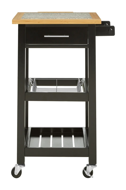Premier Housewares Kitchen Trolley, Granite Top, Pinewood Frame, Black, 50 x 54 x 92 cm
