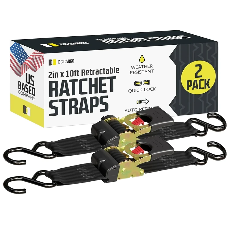 DC Cargo - Auto Retracting Ratchet Straps (2 Pack 2 inch x 10') - Heavy Duty Tie Down Retractable Ratchet Straps - Easy Self Contained Black Ratchet Strap Tie Downs for Trailers, Vehicles