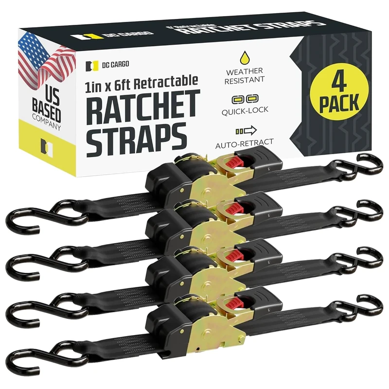 DC Cargo - Auto Retracting Ratchet Straps (4 Pack 1 inch x 6') - Heavy Duty Tie Down Retractable Ratchet Straps - Easy Self Contained Black Ratchet Strap Tie Downs for Trailers, Vehicles, Boat