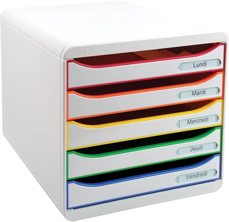 Exacompta - Ref 309913D - BIG-BOX PLUS Desktop Drawer Set - 5 x 43mm Drawers, Suitable for A4+ Documents, 347 x 278 x 271mm, 100% Recycled Plastic - White/Harlequin/White