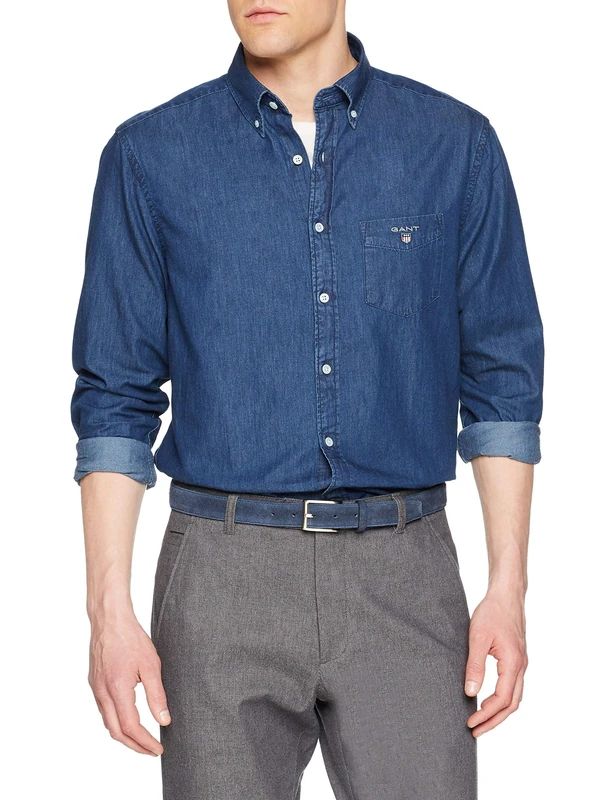 GANT Men's The Regular Indigo Shirt Regular Fit Plain Button Down Long Sleeve Casual Shirt, Blue (Dark Indigo), X-Large