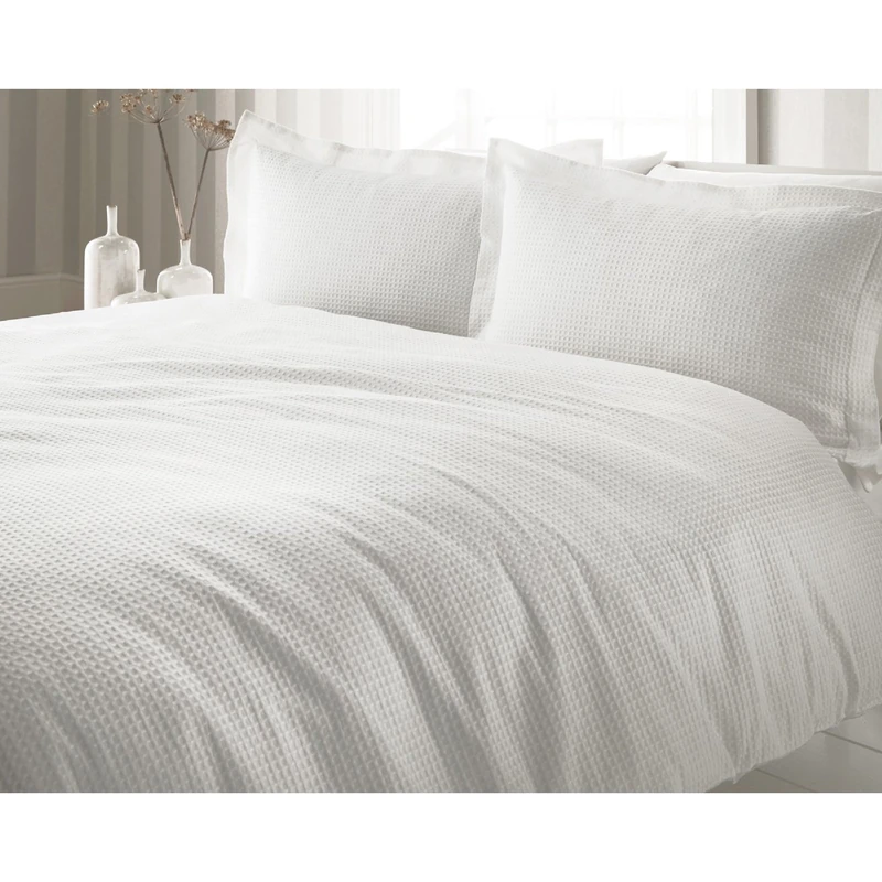 Riva Paoletti Waffle Plain White King Size Duvet Cover Set - Waffle Weave Texture - 2 X Oxford Border Pillowcases Included - 100% Cotton - Machine Washable - 228 X 218cm (90" X 86" Inches)