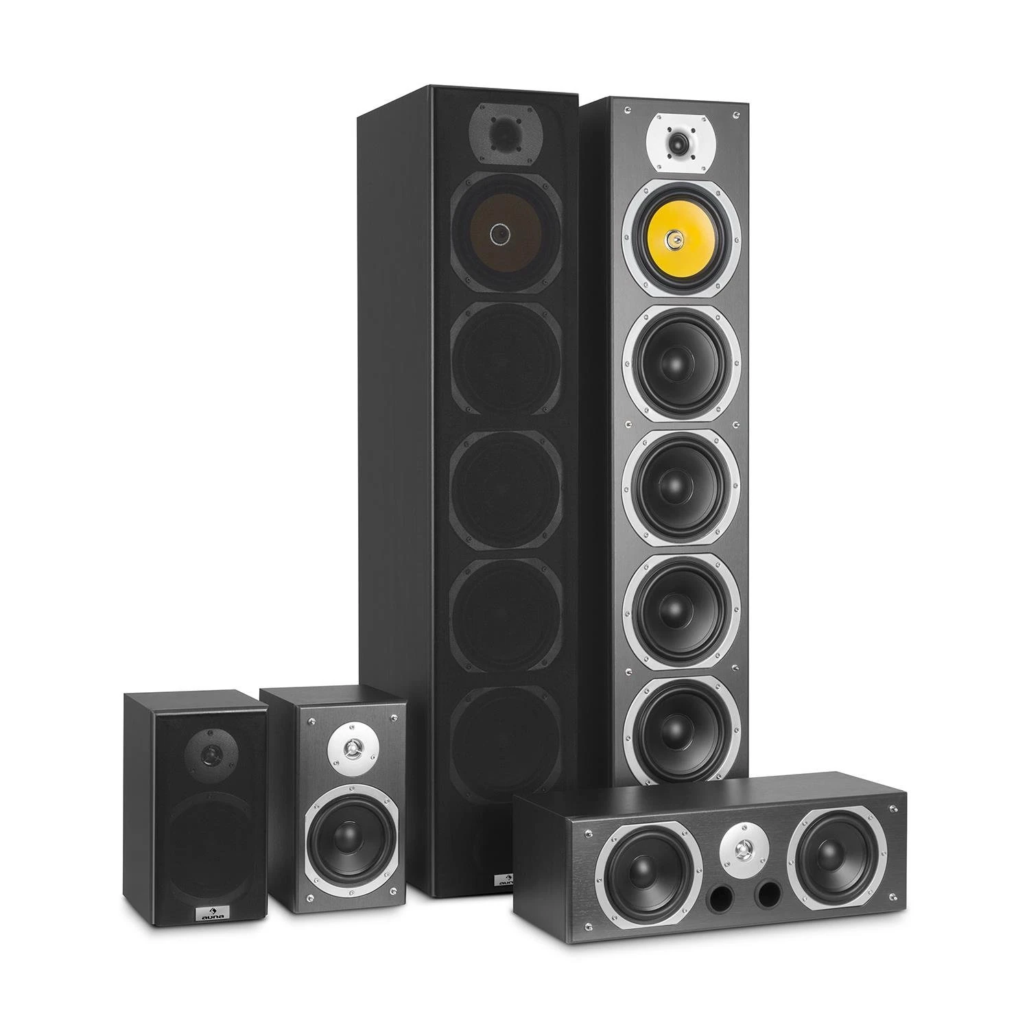 AUNA V9B Surround Speaker Set - 5 Box Set, 440W RMS, 4-Way Front Speakers, 2-Way Centre Speakers, 2-Way Surround Speakers, Powerful Bass, Flexible, Suitable for Wall Mounting, Black