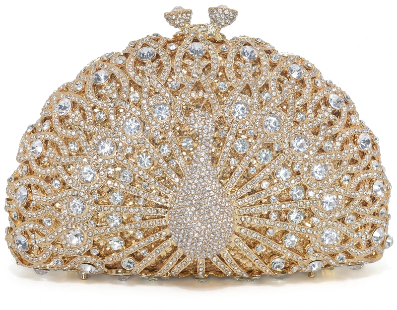 Peacock Luxury Rhinestone Crystal Evening Clutch Bag Sparkly Bride Wedding Party Purses for Women, Gold, S