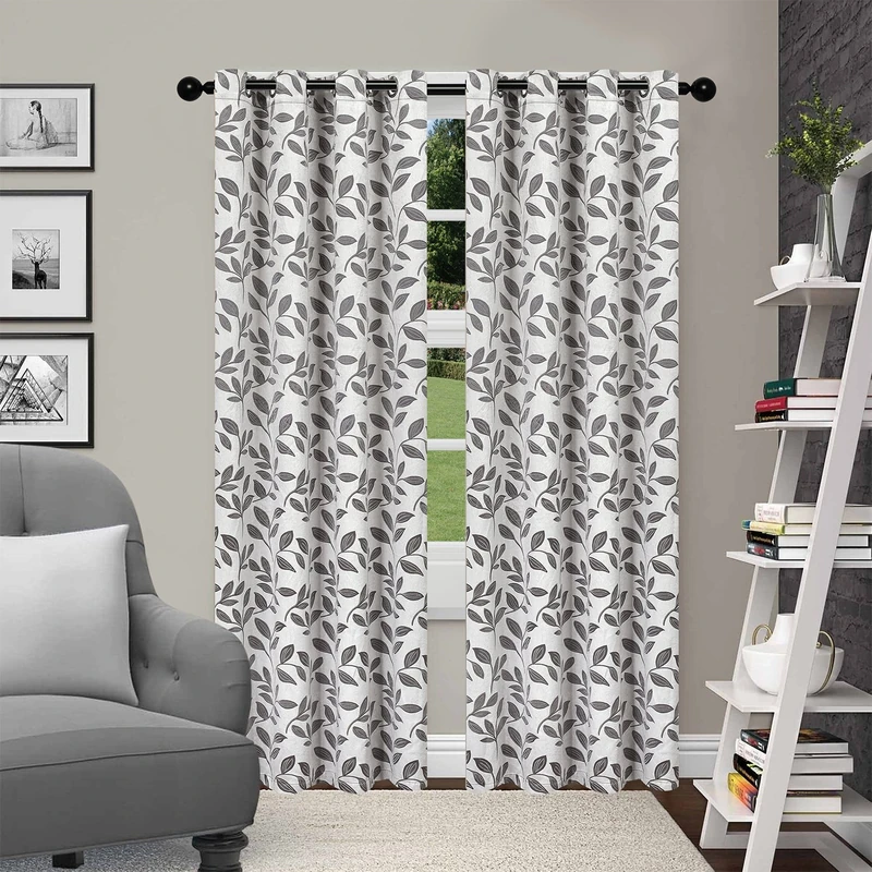 Superior Leaves Blackout Curtain Set of 2, Thermal Insulated Panel Pair with Grommet Top Header, Beautiful Leaf Jacquard Room Darkening Drapes, Available in 4 Lengths - Grey, 52”x84” each