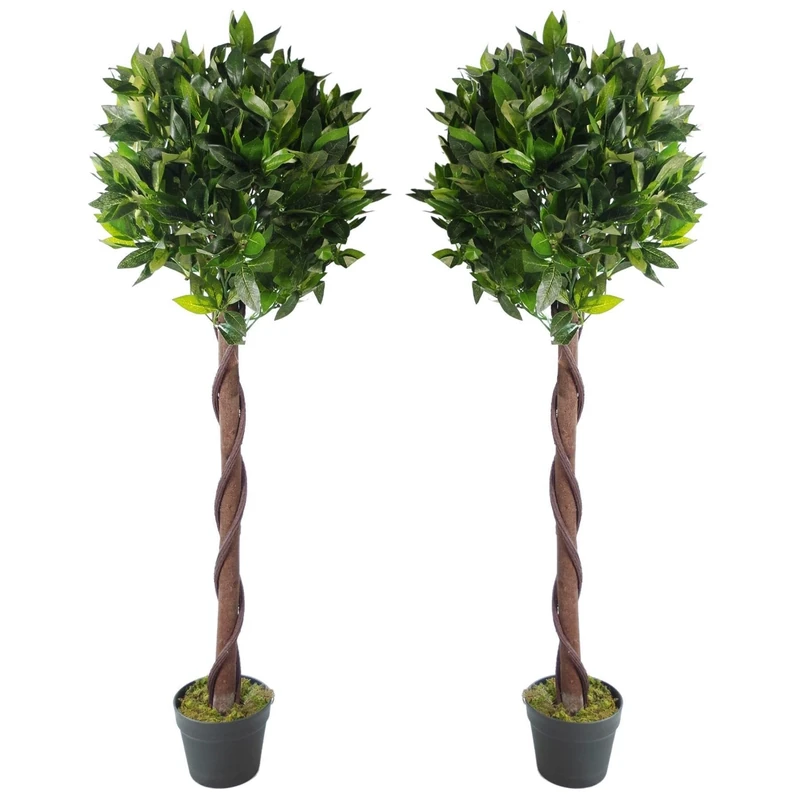 Leaf Design UK Pair of Artificial Bay Topiary Ball Trees,120cm (4ft), Green Twist