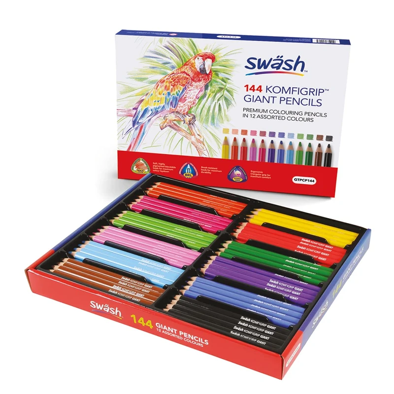 Swäsh GTPCP144 KOMFIGRIP Break-Resistant Colouring Pencils – Assorted Colours (Pack of 144)