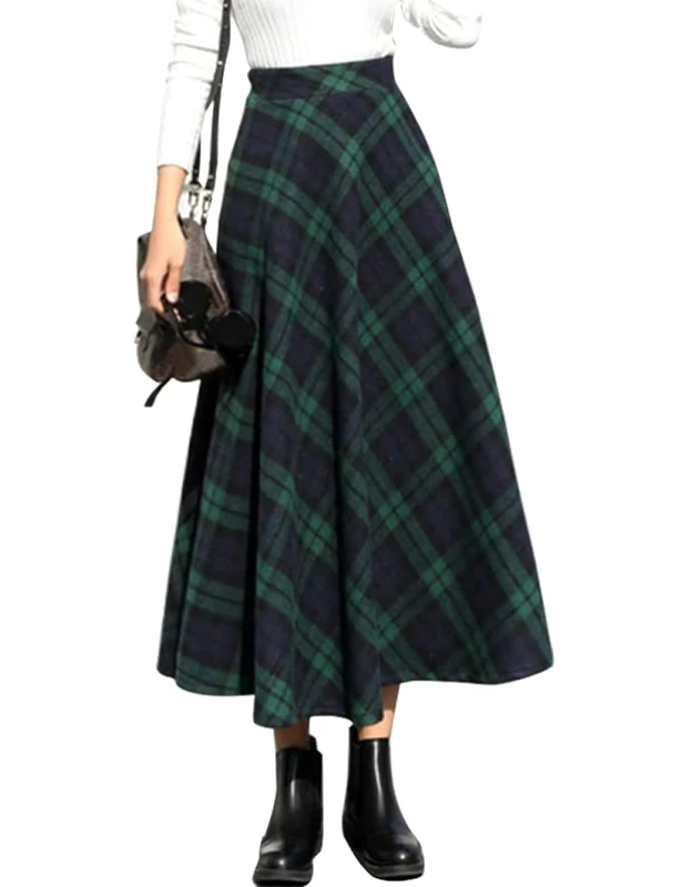 IDEALSANXUN Womens High Elastic Waist Maxi Skirt A-line Plaid Winter Warm Flare Long Skirts, Long Green, L