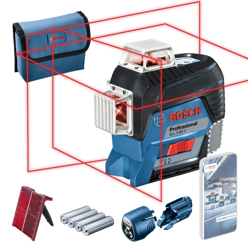 Bosch Professional 12V System Laser Level GLL 3-80 C (1x battery 12V, red laser, interior, w/app function, mount, working range: 30m, in L-BOXX)