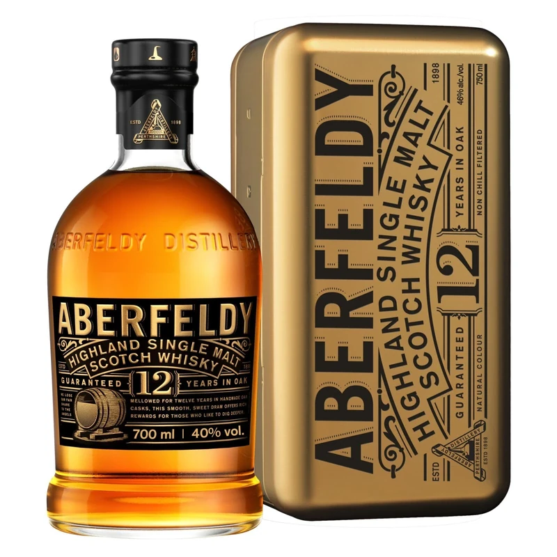 Aberfeldy 12 Year Old Single Malt Scotch Whisky Gold Bar Gift Tin, 40% vol., 70 cl / 700 ml, Premium Whisky Gift, Aged in Four Cask Types
