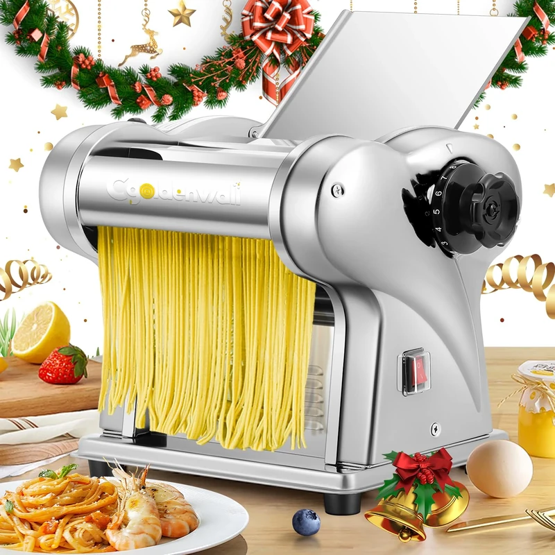 CGOLDENWALL Electric Pasta Machine Fresh Stainless Steel Pasta Maker with 2 Blades of 1.5mm Round, 4mm Flat, 9 Adjustable Thickness Settings for Noodles/Dumpling/Spaghetti/Ravioli