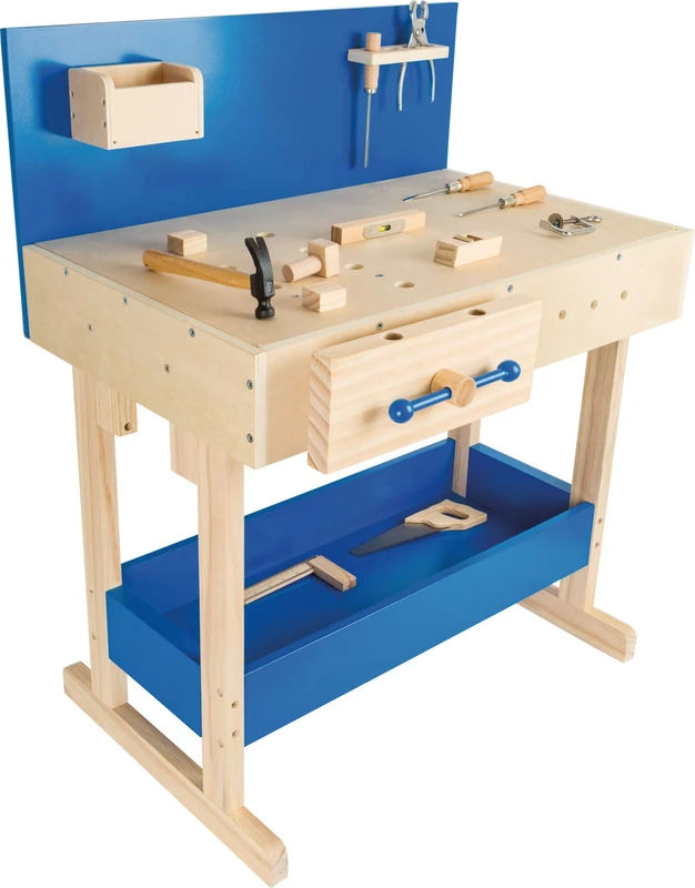 small foot 10839 Workbench in natural and blue wood, with large worktop and tools, from 8 years old