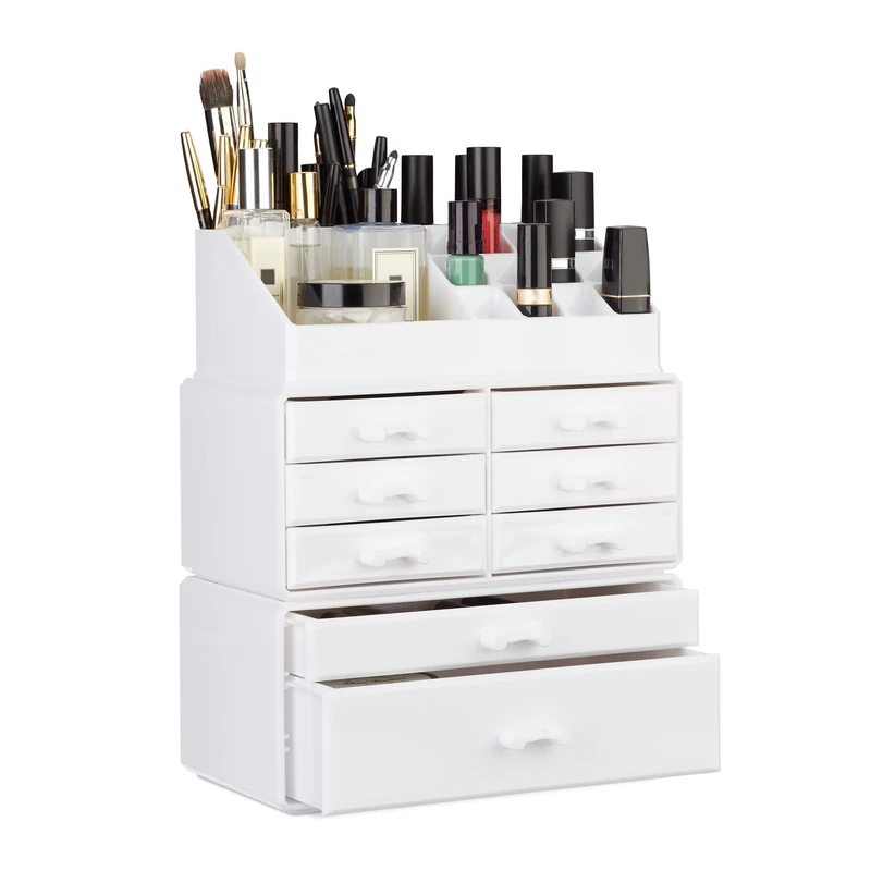 Relaxdays Makeup Organizer with Drawers, Stacking Makeup and Jewellery Box, Acrylic Cosmetic Kit, White