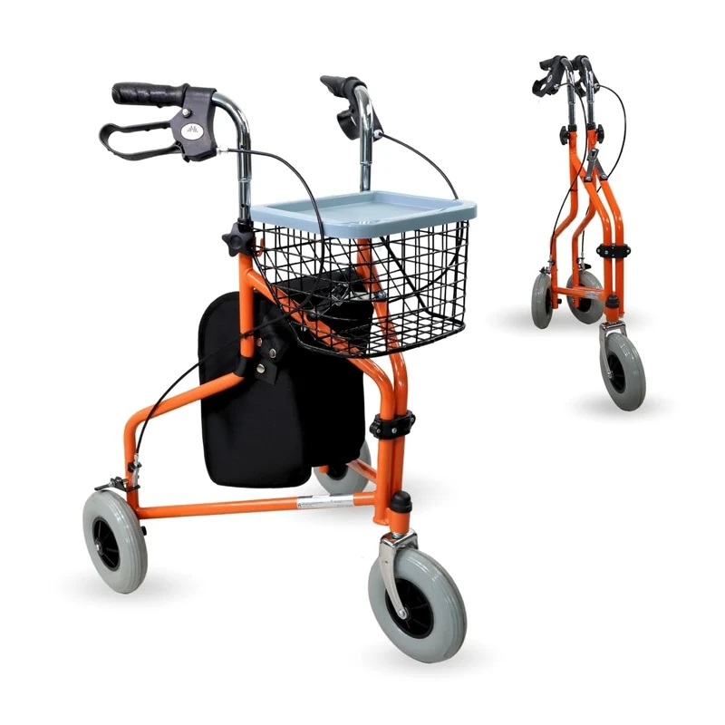 Mobiclinic®, Foldable Walker, 3 Wheels, Caleta, Basket with lid and Bag, Brakes on Handles, Height Adjustable, Spanish Brand, Lightweight, manoeuvrable Structure, Small Wheels, Orange