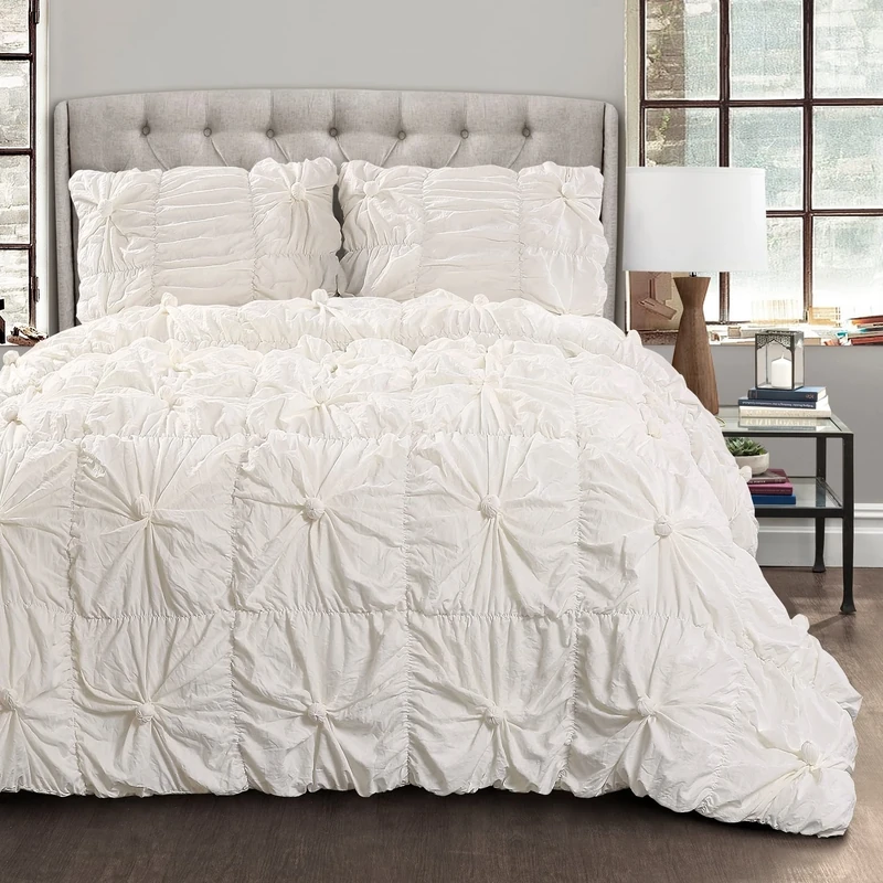 Lush Decor Bella Comforter Set Vintage Chic Style Ruched 3 Piece Bedding with Pillow Shams-Full Queen-White, Polyester