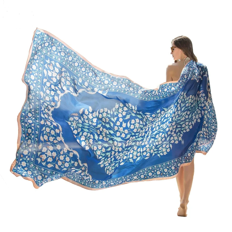 DANA XU 100% Mulberry Satin Silk Summer Travel Scarf Extra Large Women Floral Shawl Oversize Soft Wraps For Evening Dresses, A 11 Blue, Large