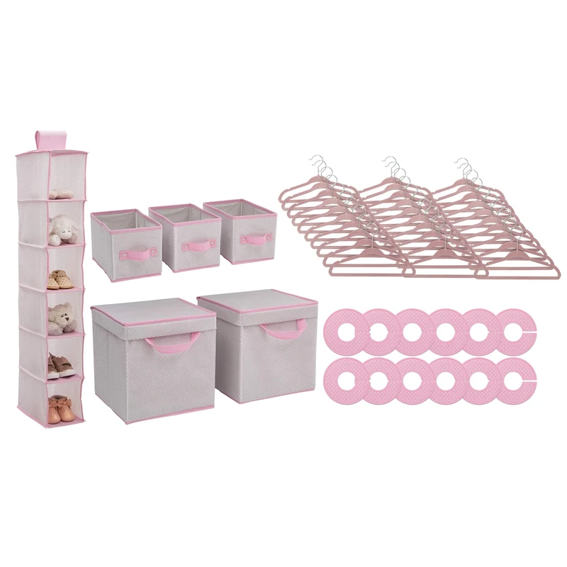 Delta Children 48 Piece Nursery Storage Set - Easy Storage/Organization Solution - Keeps Bedroom, Nursery and Closet Clean - Infinity Pink