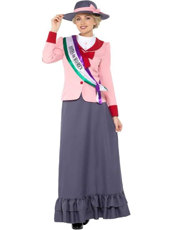 Smiffys Deluxe Victorian Suffragette Costume, Grey & Pink with Dress, Sash & Hat, Historical Fancy Dress, Adult Dress Up Costumes - Image 1