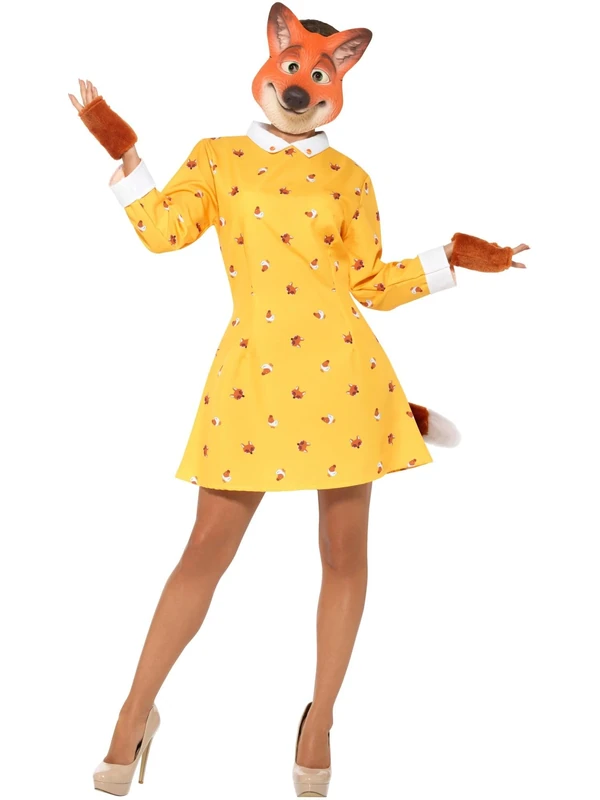 Smiffys Lady Fox Costume, Yellow with Dress, Attached Tail, Gloves & EVA Mask, Fairytale, Wings and Wands Fancy Fancy Dress, Storybook Character Dress Up Costumes