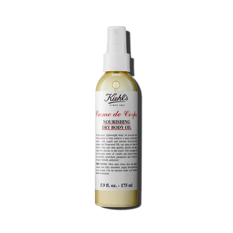 Kiehl's Creme de Corps Nourishing Dry Body Oil, Lightweight Body Oil Spray with Squalane & Grape Seed Oil, Vanilla & Almond Scent, 175Ml