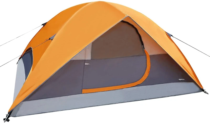Amazon Basics Dome Camping Tent with Rainfly and Carry Bag, 3-Season Waterproof Easy Set-Up Tent, 4 Person, Orange/Grey
