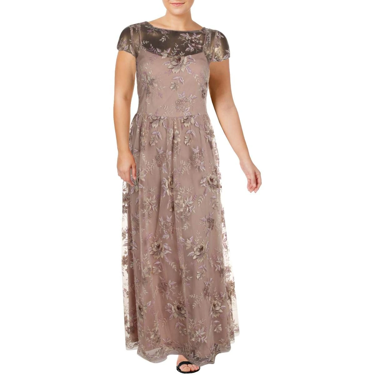 Alex Evenings Women's Long A-line Rosette Dress-Discontinued Special Occasion, Nude Multi, 20