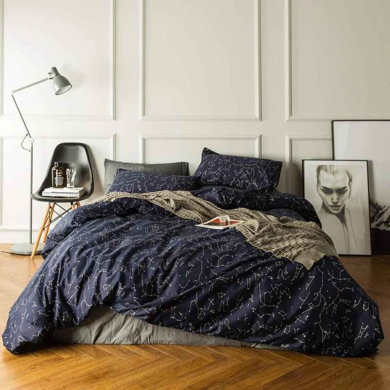 SUSYBAO Navy Constellation Duvet Cover King 100% Cotton Blue Celestial Pattern Duvet Cover Set 3 Pc 1 Navy Blue Space Stars Duvet Cover with Zipper Ties 2 Pillowcases Luxury Soft Celestial Bedding Set