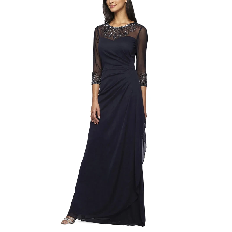 Alex Evenings Women's Long A-line Mother of The Bride Dress with Illusion Neck and Sleeves (Petite and Regular Sizes) Special Occasion, Dark Navy, 14