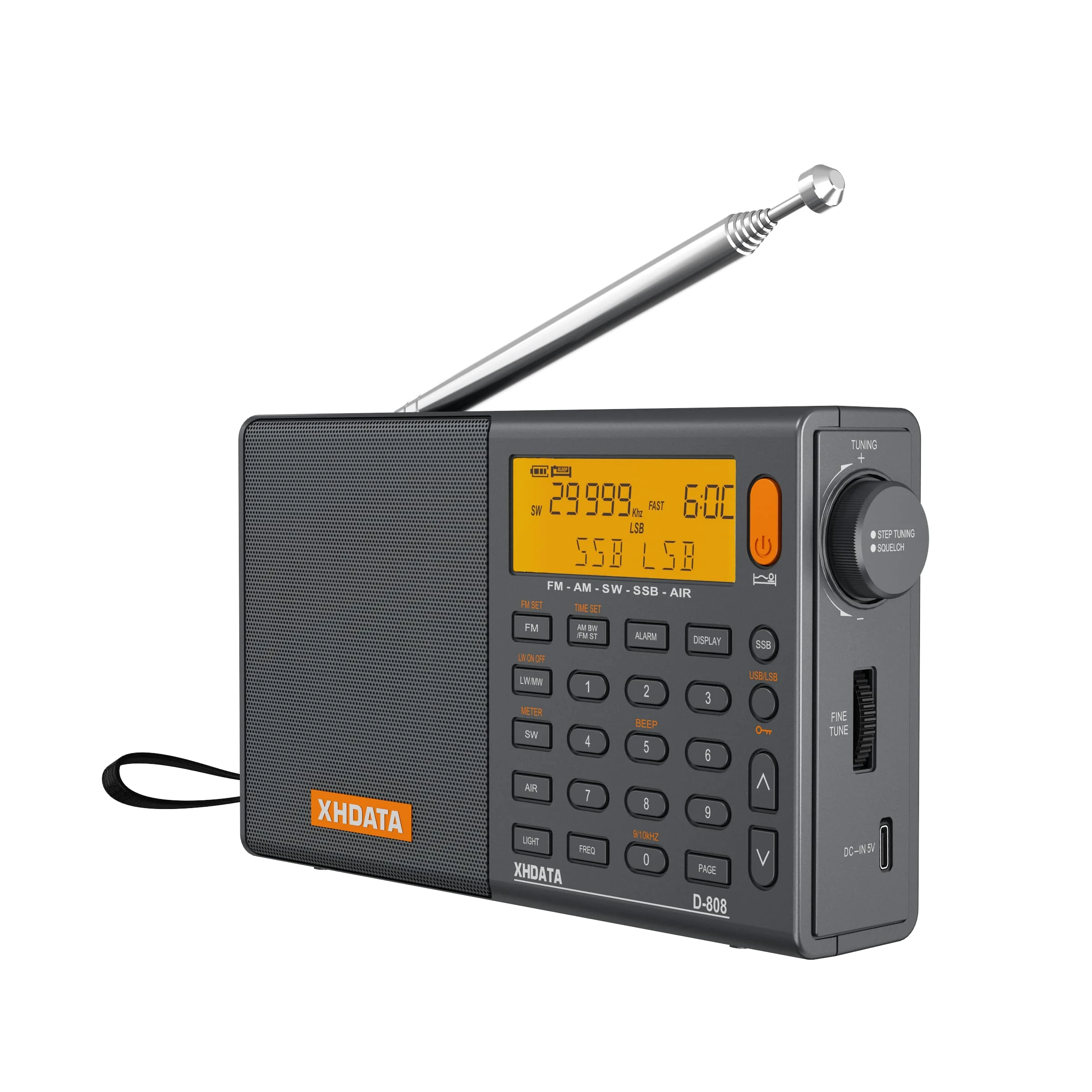 XHDATA D-808 Professional Portable Radio | FM Stereo/SW/MW/LW/Air Band Coverage with SSB RDS | High Sensitivity, External Antenna 2000mAh Rechargeable Battery | Dual Alarm Clock, Sleep Timer & Squelch