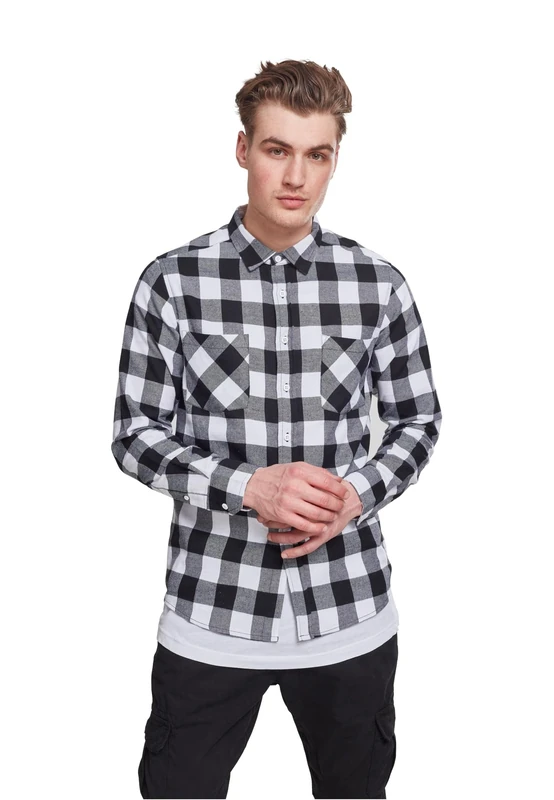 Urban Classics Men's Checked Flannel Shirt Casual Button-Down Shirt, Longsleeve Dress Shirt with Forearm Buttons, Regular Fit, 100% Flannel Yarn blk/wht 5XL - Image 1