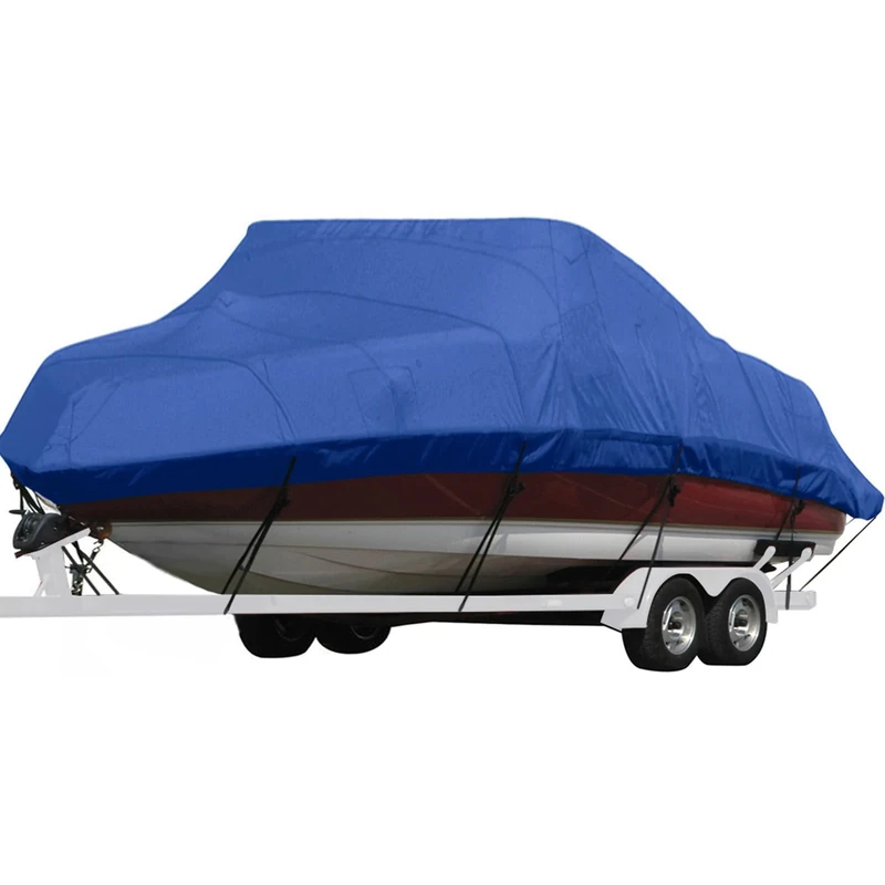 Boat Cover,17ft-19ft Trailerable Heavy Duty 600D Waterproof Boat Cover,Fits V-Hull,Tri-Hull,Runabout,Bass Boat Cover (Model D: Fits 17'-19'L X 96" Beam Width, Blue)