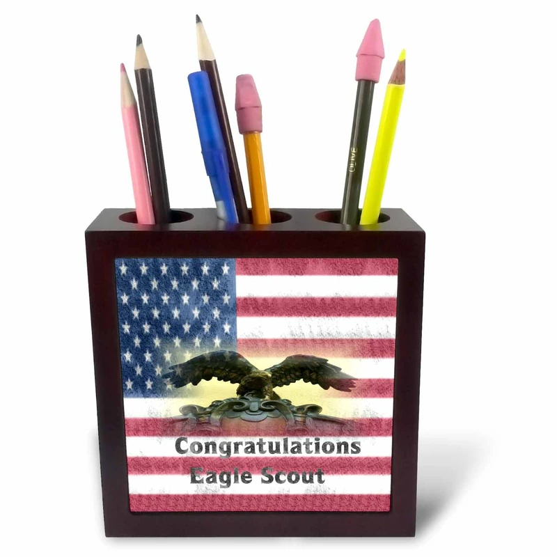 3dRose Image of Grunge Congratulations Eagle Scout on Flag - Tile Pen Holder, 5-Inch (Ph_271133_1)