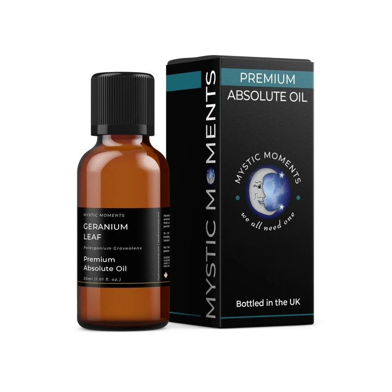 Mystic Moments | Geranium Leaf Absolute Oil 30ml | Pelargonium graveolens | Sweet Herbaceous Aroma | Solvent Extracted | Middle Note | Pure & Natural | Aromatic Use in Perfumery & Blends