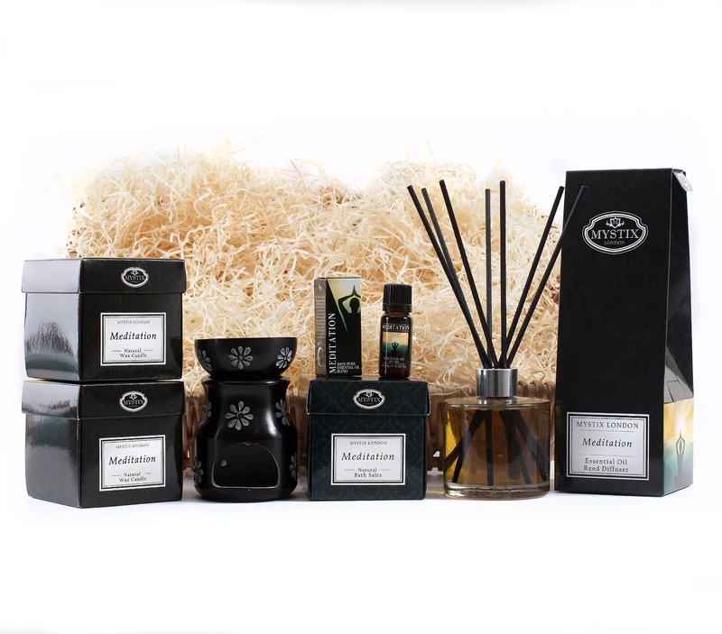 Mystic Moments Meditation Aromatherapy Hamper Premium | Candle | Bath Salts | Reed Diffuser | Essential Oil Blend | Soapstone Oil Burner | Relaxation Gift Basket