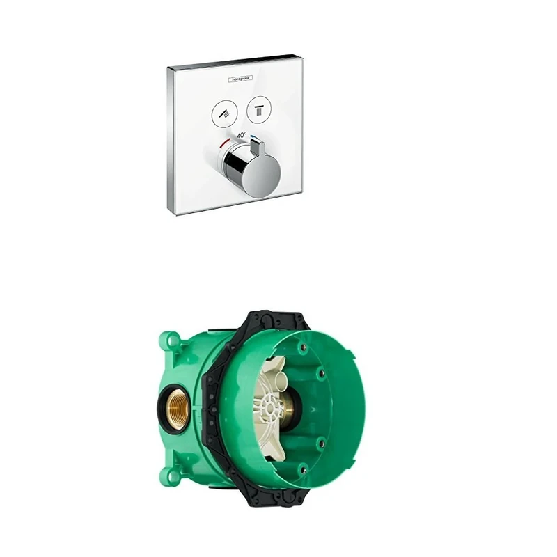 hansgrohe ShowerSelect glass thermostatic mixer for 2 outlets, white/chrome and basic set bundle