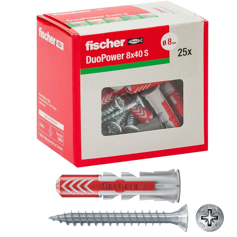 Fischer DuoPower 8x40mm Dowels with Screw - Grey for Wall & Brick