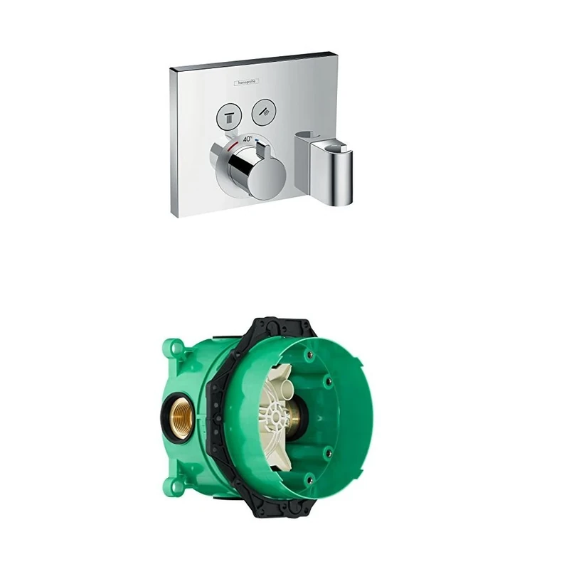 hansgrohe ShowerSelect thermostatic mixer for 2 outlets with FixFit and Porter unit, chrome and basic set bundle