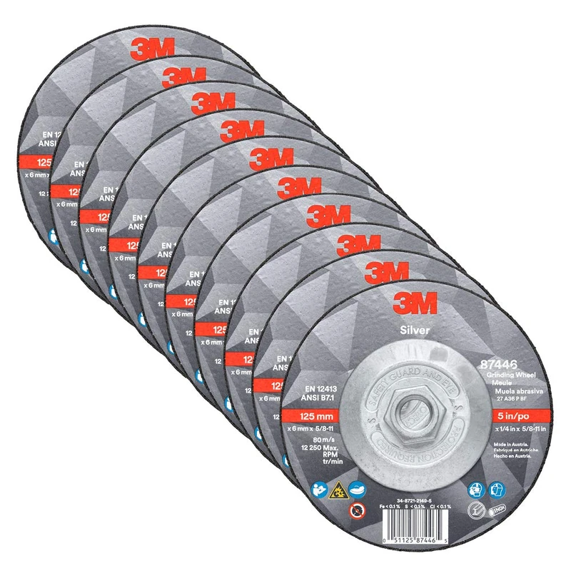 3M Silver Grinding Wheel, Depressed Center – Quick Change for Right Angle Grinder – 5” diam. x 1/4” thick x 5/8-11” thread – Type 27 – 87446 – Pack of 10