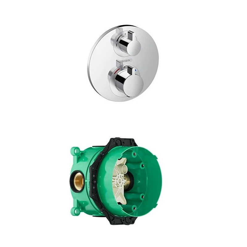 hansgrohe Ecostat S thermostatic mixer for 1 outlet with shut off valve, chrome and basic set bundle