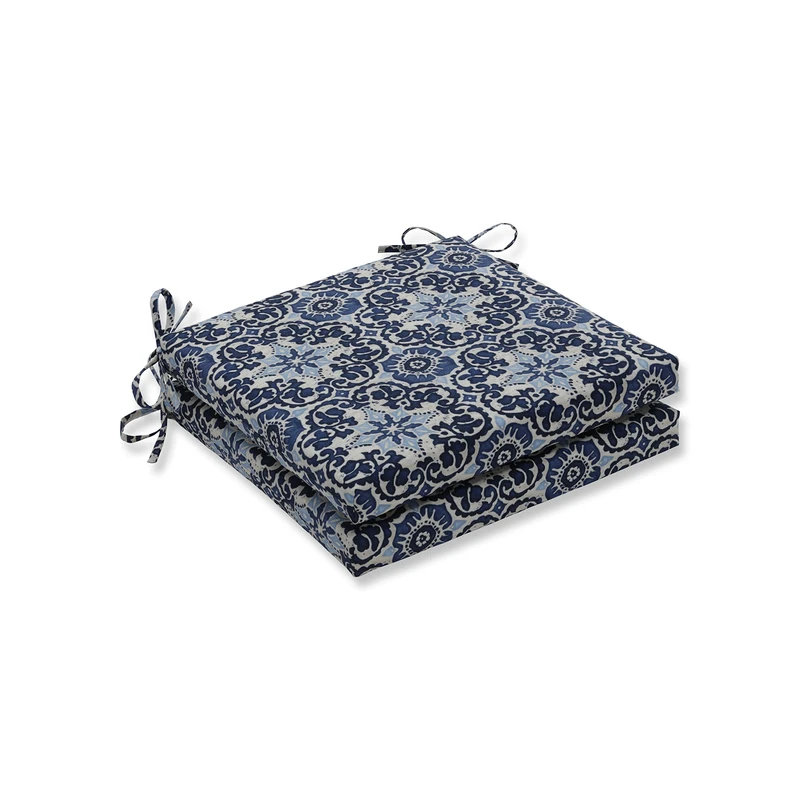 Pillow Perfect Woodblock Prism Blue Seat Cushion Set, 20 in. L X 20 in. W X 3 in. D
